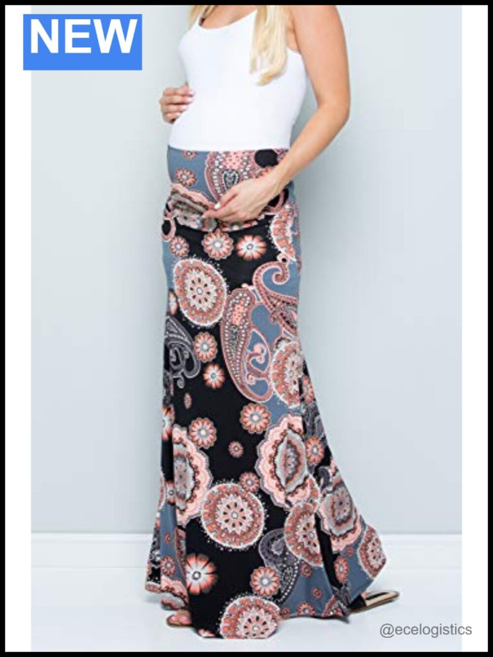 High Waisted Maternity Maxi Skirt with Tummy Control, Polyester Blend, Pull On - Picture 4 of 6
